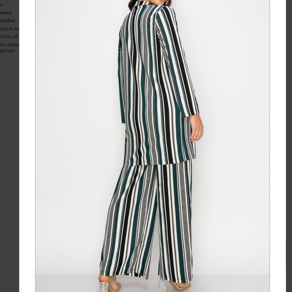 NWT Women's 2pc Stripe Collared Button Down Wide Leg Matching Suit Trend - Picture 3 of 4